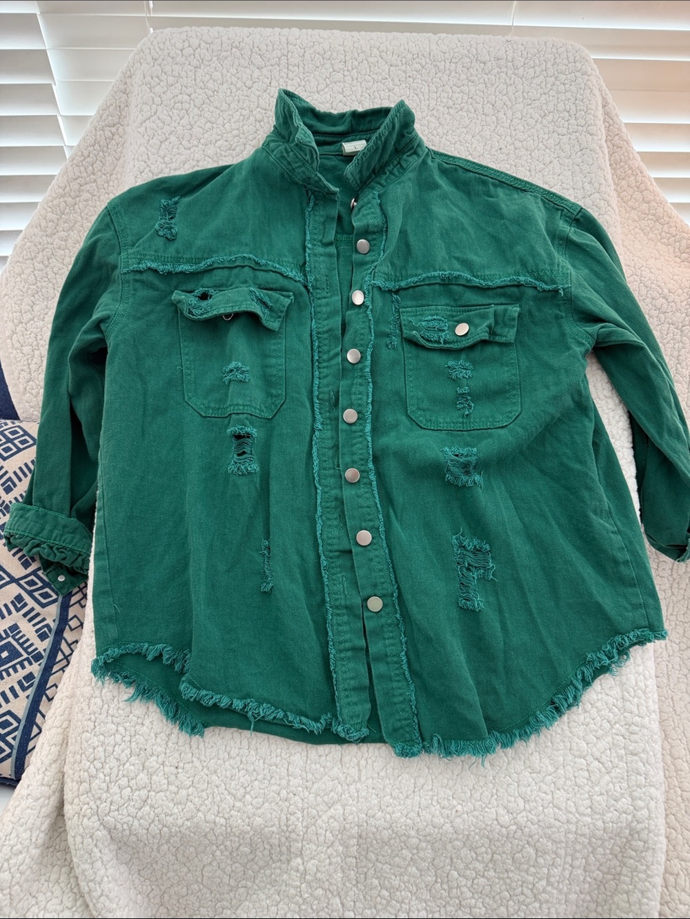 Green Distressed Button-Up Shirt Jacket